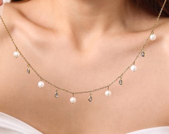 Collana con perla e pietra portafortuna, collana personalizzata con perla d'acqua dolce, delicata collana a strati in oro, gioiello personalizzato con pietra portafortuna, regalo per lei