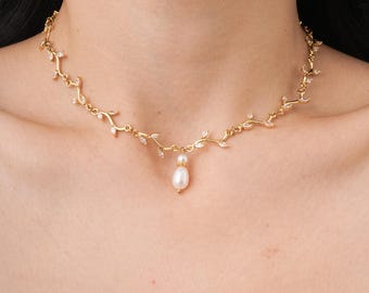 Collana girocollo da sposa con perle, collana da matrimonio per la sposa, delicata collana con perle pendenti, regalo di gioielli per damigelle d'onore
