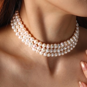 3 Layered Pearl Choker, Natural Freshwater Pearl Necklace, Multistrand Pearl Necklace, Wedding Jewelry, Bridesmaid Gifts, Gift for Her