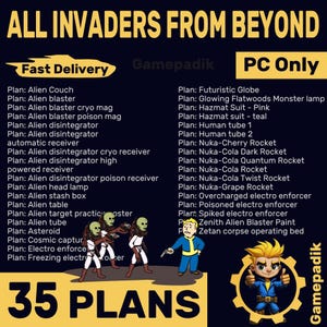 Puede incluir: Imagen promocional para un juego de PC con una lista de 35 planos. El título "ALL INVADERS FROM BEYOND" está en amarillo. La imagen incluye figuras alienígenas, un personaje con un mono azul y el texto "35 PLANS".