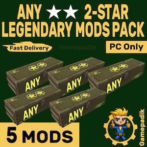 Puede incluir: Imagen de cinco cajas verdes con la palabra "ANY" impresa. Las cajas tienen un diseño de estrella amarilla y el texto "2-STAR LEGENDARY MODS PACK" está en la parte superior. El texto "5 MODS" está en la parte inferior. También está el texto "PC Only".