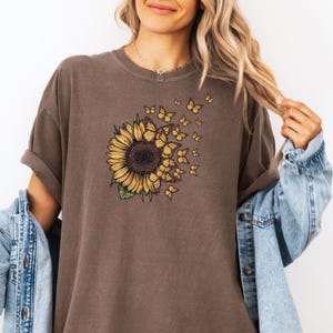 Sunflower and Butterflies Shirt/Floral Graphic Tee/Boho Summer T-Shirt/Nature Lover Gift/Casual Vintage Aesthetic Shirt/Floral V-neck/Flower
