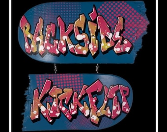 Arte em shape de skate com grafite pintado à mão, decoração de parede reciclada.