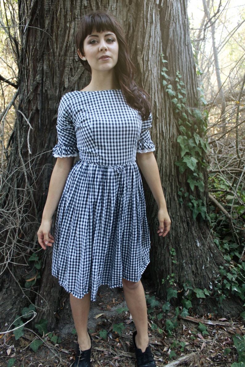 GINGHAM Vintage Checkered Party Dress Black and White with Lace Trim 1950/'s Knee Length