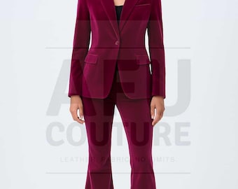 Burgundy Velvet Blazer and Bell Bottom Pants Set: Retro 70s Suit