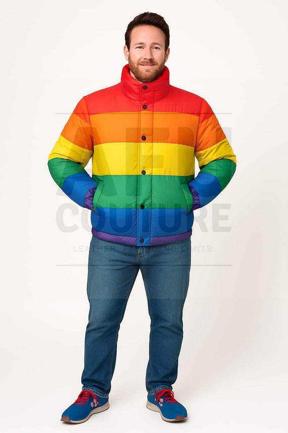 Handmade Rainbow Pride Puffer Jacket: Unisex LGBT Parachute Coat