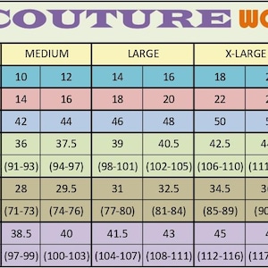 May include: A size chart titled AFU COUTURE WOMEN'S SIZES featuring columns for X-Small through 3X. The table displays US, AU/UK, and EU sizing, alongside bust, waist, and hip measurements in both inches and centimeters for each size category.