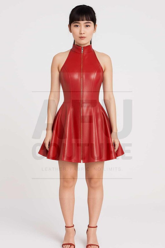 chinese dress ladies Red Faux Leather Halter Tie Detail Mini Dress | Dresses main image 1
