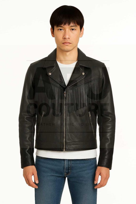 Jaqueta de couro marrom com franjas masculina: estilo motociclista