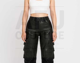Genuine Leather Cargo Pants: High Waist Wide Leg Utility Trousers - Black Leather Trouser