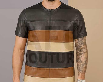 Handmade Color Block Leather T-Shirt: Striped Sheep Leather Top