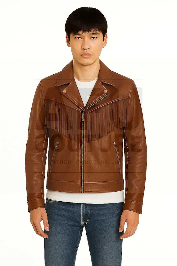 Jaqueta de couro marrom com franjas masculina: estilo motociclista