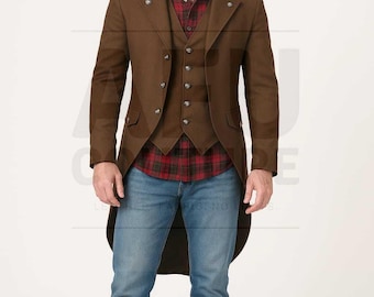 Men&#39;s Wool Victorian Tailcoat: Gothic Steampunk Formal Coat with Vest