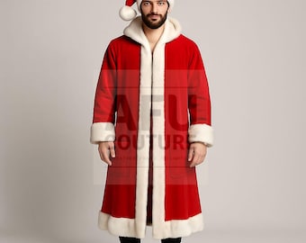Handmade Red Velvet Santa Claus Cosplay Coat: Faux Fur Christmas Costume Robe