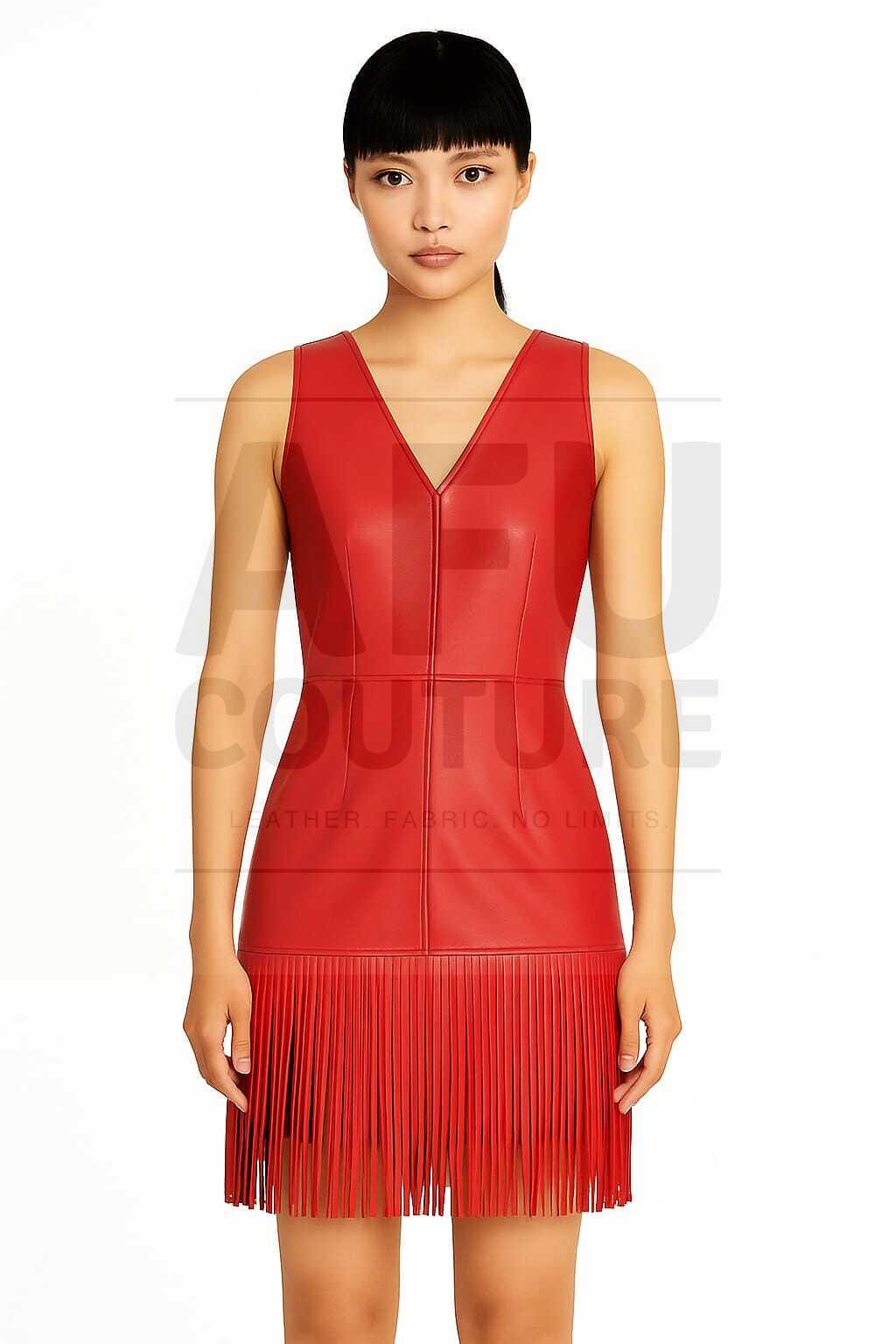 Genuine Leather Handmade Fringe Mini Dress: Edgy V-Neck Bodycon Genuine Leather Handmade Fringe Mini Dress: Edgy V-Neck Bodycon
