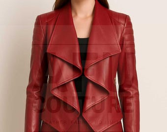 Genuine Sheep Leather Blazer : Handmade Waterfall Outfit - Dramatic Waterfall Lapel Jacket