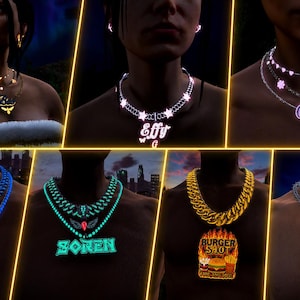 May include: A collection of seven distinct necklaces featuring various designs, including glowing nameplates with text like Effy, Casey, JJ, Soren, and Grim, alongside a Burger Shot pendant, star motifs, and chain links in gold, blue, and silver tones.
