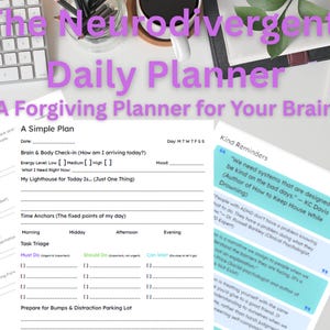 May include: A desk setup featuring a planner titled "The Neurodivergent Daily Planner" with the subtitle "A Forgiving Planner for Your Brain." The planner includes sections for daily planning, mood tracking, and task management. A keyboard and a coffee cup are also visible.