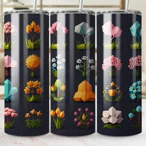 May include: A black tumbler with a repeating pattern of colorful, geometric flowers, trees, and crystals. The design features shades of pink, orange, yellow, blue, and white. The tumbler has a silver straw.