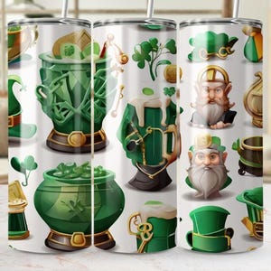 May include: A white tumbler featuring a repeating pattern of St. Patrick's Day themed illustrations. The design includes green pots of gold, shamrocks, leprechauns, and mugs of beer. The tumbler has a silver straw and is designed to hold cold beverages.