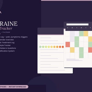 Op de afbeelding: Een digitale migraine-relief tracker met een donkerpaarse achtergrond. De tracker bevat secties voor dagelijkse aanvalslogs, maandelijks kalenderoverzicht, medicatielogs en meer. De tekst "MIGRAINE Relief Tracker" wordt prominent weergegeven.