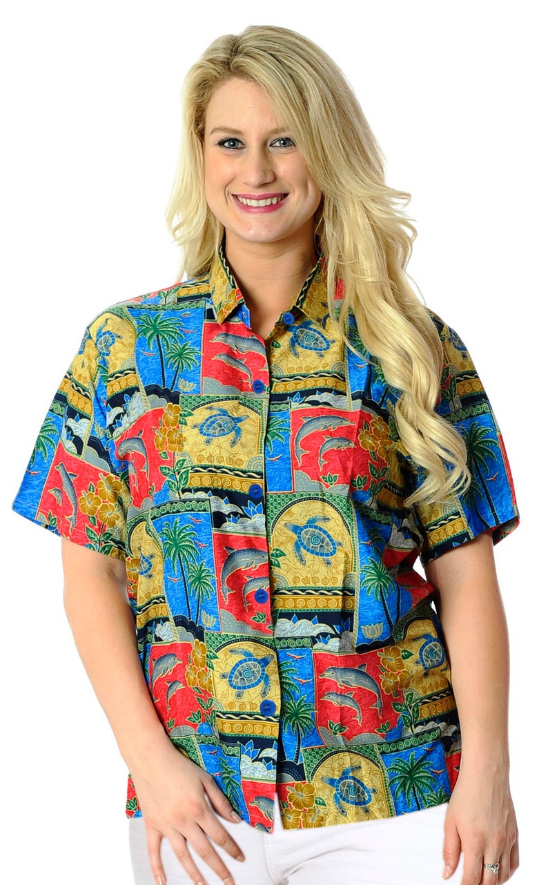 La Leela Smooth Likre Island Floral Flamingo Hawaiian Casual Tunic Top Short Sleeve Button Down Shirt Women Royal Blue
