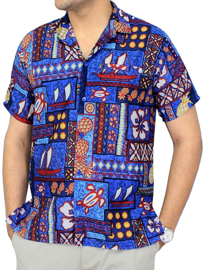 La Leela Likre Tropical Printed Beach Swim Hawaiian Camp Shirt Blue For Men/'s