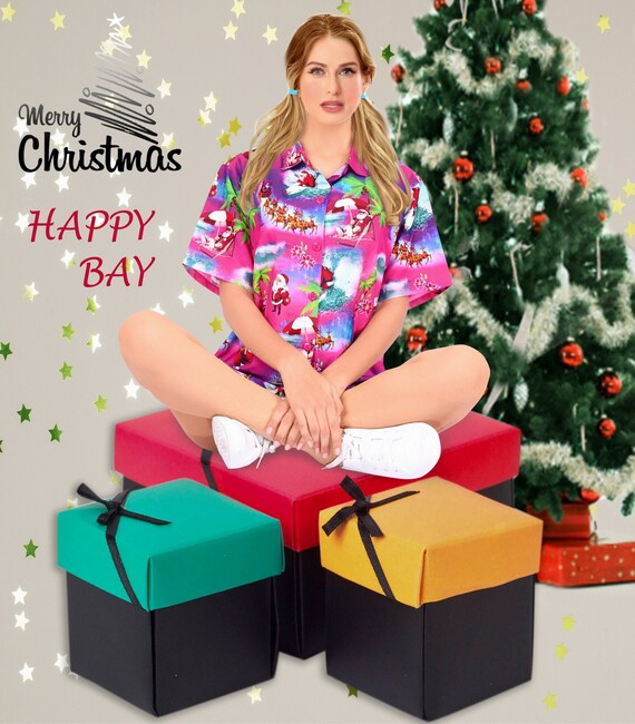 HAPPY BAY Santa Claus 3D Christmas Tree Blouse Button Down Beach Wear Shirt HAPPY BAY Santa Claus 3D Christmas Tree Blouse Button Down Beach Wear Shirt