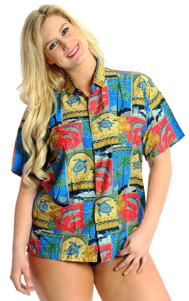La Leela Smooth Likre Island Floral Flamingo Hawaiian Casual Tunic Top Short Sleeve Button Down Shirt Women Royal Blue