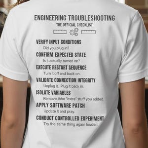 May include: White t-shirt with the text "ENGINEERING TROUBLESHOOTING THE OFFICIAL CHECKLIST". The checklist includes steps like "Verify Input Conditions" and "Conduct Controlled Experiment". A humorous design for tech enthusiasts.