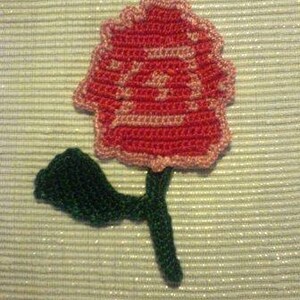 Può includere: Una rosa all'uncinetto fatta a mano nei toni del rosso e del rosa, con stelo e foglia verdi. Il fiore ha un aspetto dettagliato e strutturato, che mostra l'intricato lavoro all'uncinetto. La rosa è un oggetto decorativo.