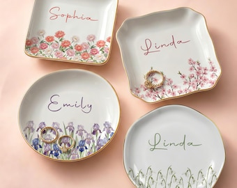 Personalized Watercolor Birth Month Flower Ring Trinket Dish, Gift Jewelry Dish for Girl, Wedding Bridesmaid Gift