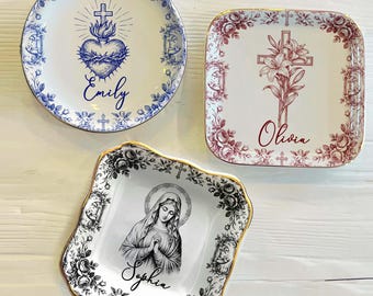 Bandeja para joyas personalizada con el Sagrado Corazón y la Cruz, regalo católico con nombre personalizado, bandeja para joyas de Primera Comunión, bandeja para anillos de Confirmación y Bautismo.