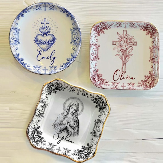 Christian Faith Symbols Toile De Jouy Ring Dish, Personalized Ceramic Jewelry Tray, Baptism Confirmation Easter Gift