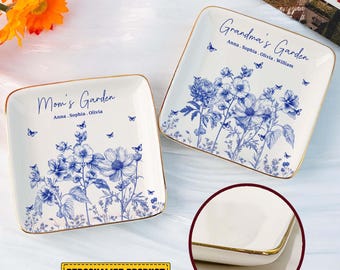 Grandma’s Garden Toile Jewelry Dish, Custom Birth Flower Ring Holder, Personalized Gift for Mom & Grandma, Birthday Keepsake Tray