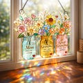 Personalized Mom Grandma Great Grandma Suncatcher, Custom Kids Names Mason Jar Window Hanging, Est Year Family Floral Stained Glass Gift product logo