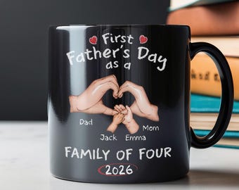 Taza negra personalizada con diseño de familia y manos, regalo personalizado para el primer Día del Padre, baby shower, regalos para revelar el sexo del bebé para mamás primerizas, papás primerizos y padres primerizos.
