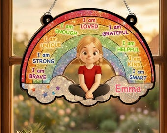 Personalized I Am Loved, Grateful, Kind Rainbow Suncatcher, Custom Affirmation Suncatcher 2 layer Wood and Acrylic Gift For Young Girls Baby