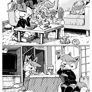 May include: Black and white manga-style illustration of two scenes. The top scene shows two characters at a table, and the bottom scene shows two characters at a table. The characters are anthropomorphic.