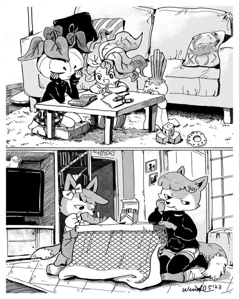 Pu&ograve; includere: Illustrazione in bianco e nero in stile manga in due scene. La scena superiore mostra due personaggi a un tavolo e la scena inferiore mostra due personaggi a un tavolo. I personaggi sono antropomorfi.
