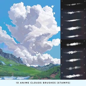 May include: Digital art illustration of a landscape with a blue sky, fluffy white clouds, and green mountains. The image includes a selection of 10 anime cloud brushes (stamps) for digital art.