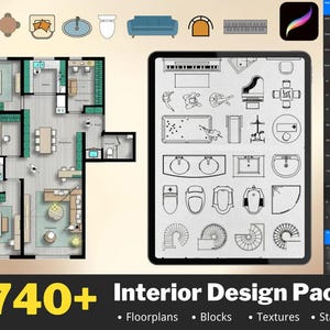 Pode incluir: Um pacote de design de interiores com um layout de planta baixa e um tablet exibindo vários elementos de design. A imagem inclui o texto "740+ Interior Design Pack" com blocos de design, texturas e selos adicionais.