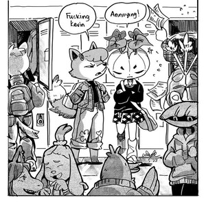 Pu&ograve; includere: Illustrazione a fumetti in bianco e nero di personaggi antropomorfi in un corridoio scolastico. Un personaggio simile a una volpe dice "Fucking Kevin", mentre un personaggio con la testa di zucca dice "Annoying!". Altri personaggi sono sullo sfondo.