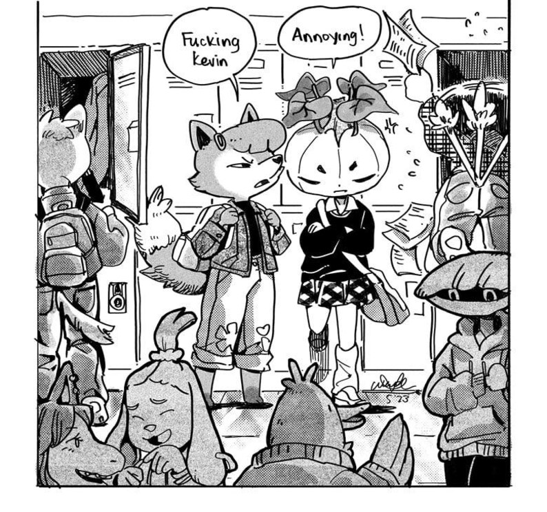 Pu&ograve; includere: Illustrazione a fumetti in bianco e nero di personaggi antropomorfi in un corridoio scolastico. Un personaggio simile a una volpe dice "Fucking Kevin", mentre un personaggio con la testa di zucca dice "Annoying!". Altri personaggi sono sullo sfondo.