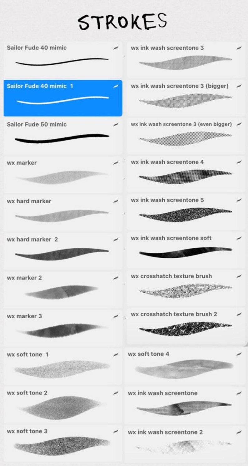 Pu&ograve; includere: Immagine che mostra varie pennellate digitali, tra cui "Sailor Fude 40 mimic" e "wx ink wash screentone 3". La parola "STROKES" &egrave; in alto. Ogni tratto &egrave; visualizzato con un'anteprima, utile per l'arte e il design digitale.