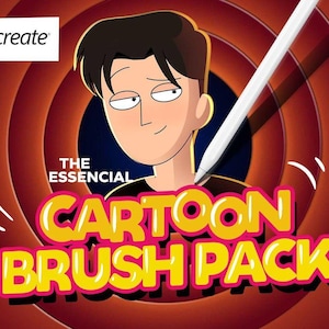 May include: Cartoon illustration featuring a smiling character with a stylus, set against a red and brown spiral background. The text "The Essential Cartoon Brush Pack" is prominently displayed in yellow and pink.