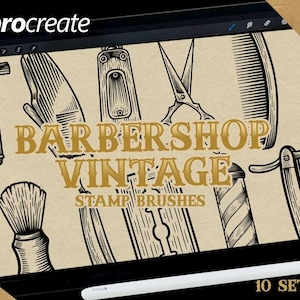 May include: A digital illustration on a tablet featuring vintage barber tools. The image includes a straight razor, scissors, comb, and other tools. The text "BARBERSHOP VINTAGE STAMP BRUSHES" is displayed in gold. A white stylus and tape are also visible.