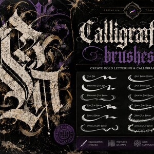May include: A digital toolkit for Calligraffiti brushes featuring a black background with purple and gold accents. The display shows a large stylized letter, a list of 37 brushes, 10 texture brushes, 16 grid stamps, 4 grid compositions, and 6 color palettes.