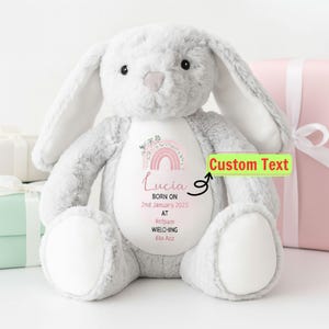 Personalized Bunny with Birth Details, Custom Name Plush Toy, Newborn Baby Girl Gift, Birth Announcement Keepsake, Nursery Memory Toy