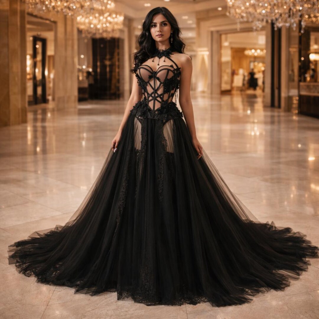 Black Lace Corset Gothic Wedding Dress, Fairy Tulle Bridal Gown, Forest ...